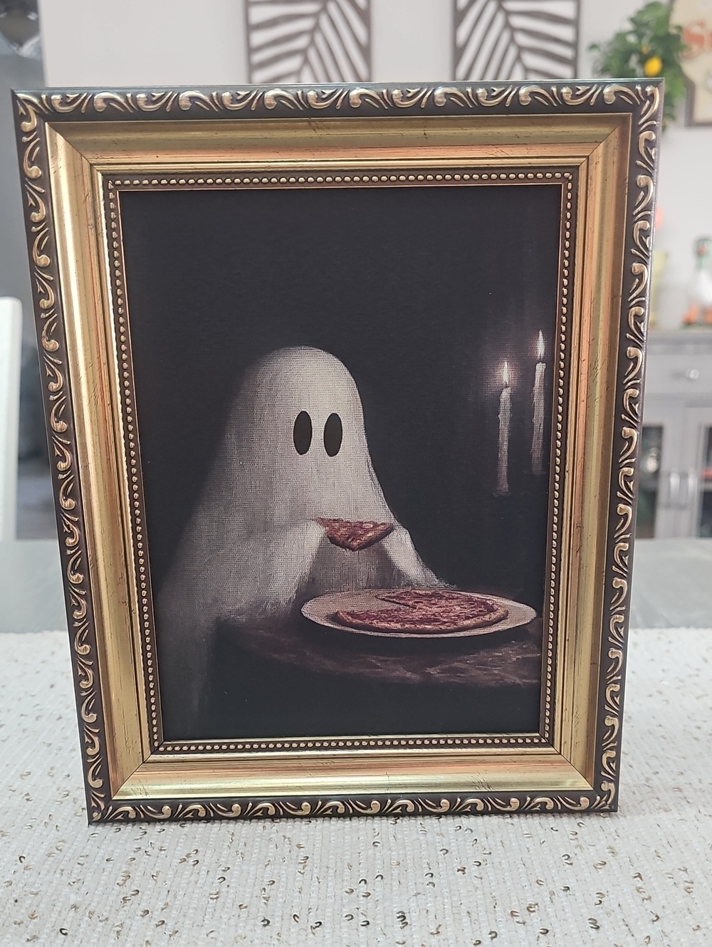 New! Halloween Ghost Eating Pizza Framed Canvas Art Print - Gold Frame